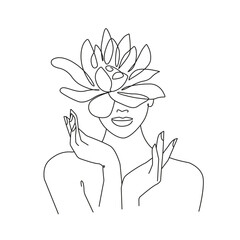 Woman Face with Flowers Line Vector Drawing. Style Template with Female Face with Flowers. Modern Minimalist Simple Linear Style. Beauty Fashion Design 
