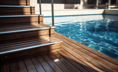 Obraz premium Swimming pool with stair and wooden deck at hotel.