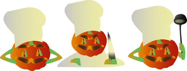 Vector Mr Pumpkin - character in a chefs hat and with knife and soup laddle in his hands. Chef Pumpkin characters set - Halloween party. Autumn theme. Pumpkin chef man character. 