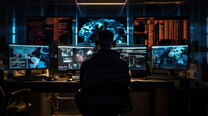 Unrecognizable man sitting against computer monitors in dark room of hacker base.