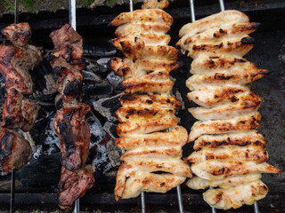 Meat on metal skewers - juicy different kinds of meat grilling on fire, coals and smoke in grill. Picnic and grilling meat