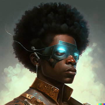 Portrait of a black male wearing neon goggles with a bionic implants. The concept of virtual reality and cyberpunk.