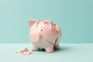 Broken piggy bank on blue background.