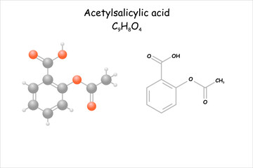 Stylized molecule model/structural formula of acetylsalycylic acid. Use as pain reliever.