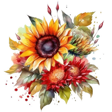 Sunflower bouquet with red flowers, sunflowers arrangement watercolor illustration isolated with a transparent background, summer yellow flowers design created with Generative AI.