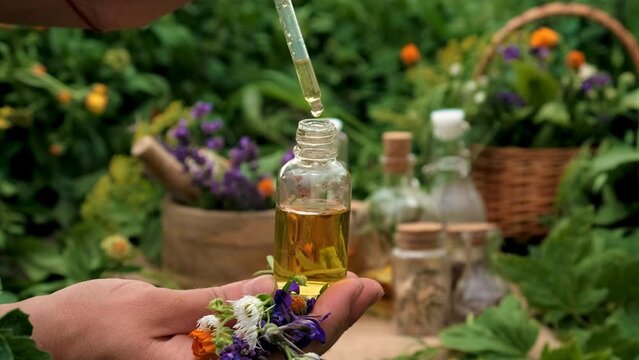 plant and herb tinctures and extracts. Selective focus.