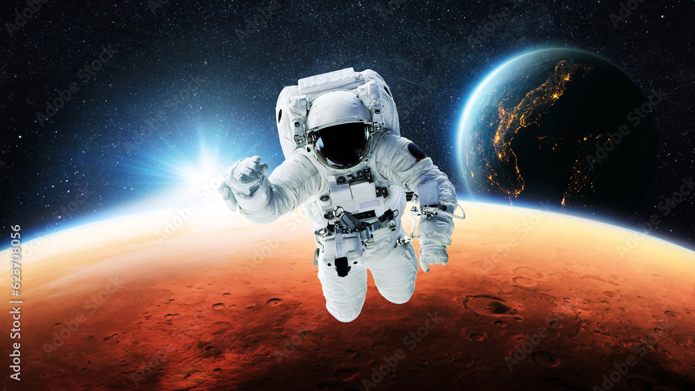 Poster space man astronaut flies in open space near red planet mars with blue planet earth at sunset. high 