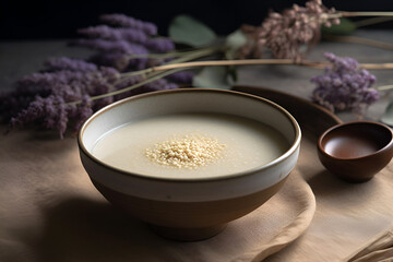 Millet porridge in a bowl on a table. Healthy food - obrazy, fototapety, plakaty