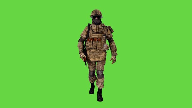 Armed soldier in camouflage and full protective equipment walking on green background, Chroma key, 4k pre-keyed footage