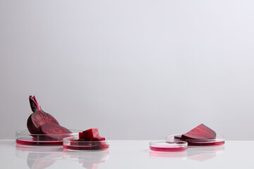 Beetroot slices and pink liquid contained inside some petri dishes over the white background....