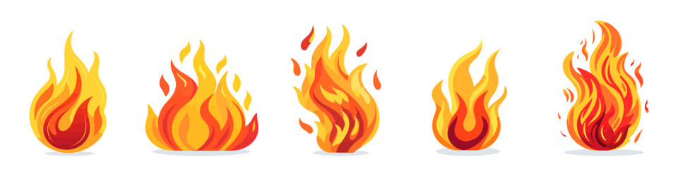 Fire logo icons set. Cute cartoon image of bonfire. Vector illustration.