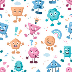geometric abstract characters pattern. multicolored geometric figures shaped characters with different face emoji. vector funny characters