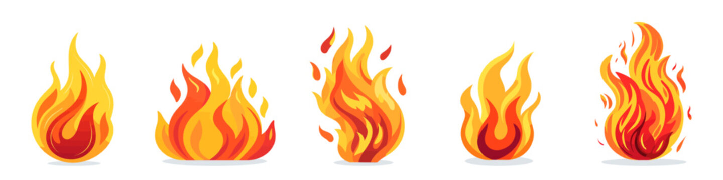 Fire logo icons set. Cute cartoon image of bonfire. Vector illustration.