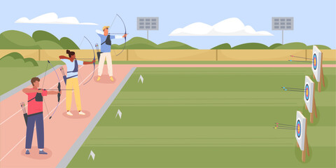 people practicing archery. cartoon female flat male characters, archery athletes compete, shooting targets with bows, archery competition. vector illustration