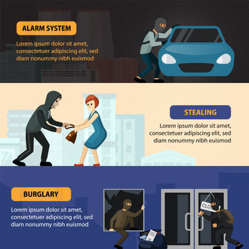 street theft, fraud, theft, robbery situations. horizontal banners on the topic of burglary and criminal organizations. vector cartoon web temlates.