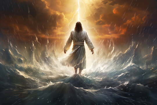 Jesus Christ walking on water. Thunderstorm with huge waves. ai generative
