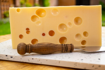 Cheese collection, french hard cheese with holes emmentaler close up