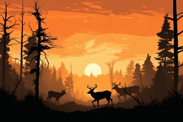 Silhouettes of forest animals escaping a distant wildfire