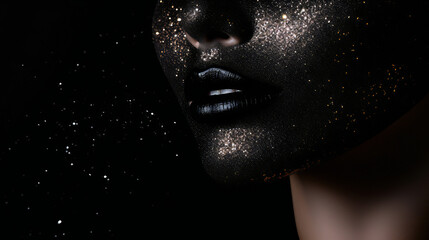 Closeup of Black Glitter Glamorous makeup on a model. Generative AI.
