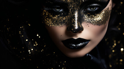 Closeup of Black Glitter Glamorous makeup on a model. Generative AI.