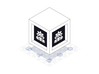 Management box illustration in isometric style. Background is management line icons containing data management, content management, compliance.