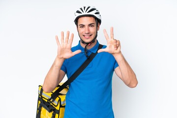 Young caucasian man with thermal backpack isolated on white background counting eight with fingers