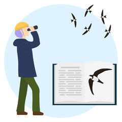 Birdwatcher girl with binoculars, swift and book. Woman ornithologist looking for birds. Naturalist birdwatching. Tourist, outdoor activity, tourism, ornithology, birding. Vector illustration.