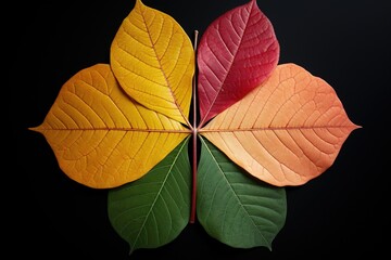 Single leaf changing colors representing seasons in four quadrants