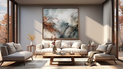 Stylish Living Room Interior with a Frame Poster Mockup, Modern Interior Design, 3D Render, 3D Illustration