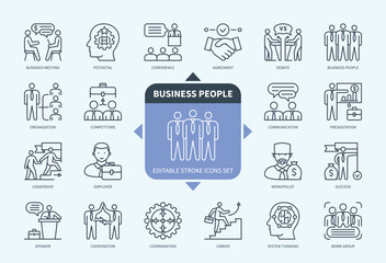 Editable line Business People outline icon set. Career, Business Meeting, Agreement, Competitors, Employer, Speaker, Work Group, Conference. Editable stroke icons EPS