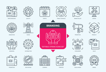Editable line Branding outline icon set. Product, Discount, Company, Innovation, Design, Consumers, Brand Value, Distribution. Editable stroke icons EPS