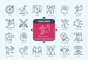 Editable line Challenge outline icon set. Motivation, Goals, Potential, Overcome, Strength, Problem Solving, Trophy, Fear. Editable stroke icons EPS