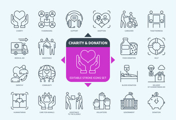 Editable line Charity and Donation outline icon set. Community, Medical Aid, Society, Adoption, Help, Support, Togetherness, Volunteer. Editable stroke icons EPS