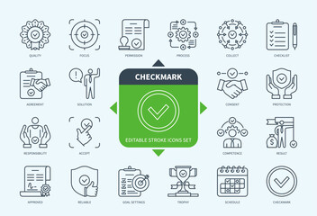 Editable line Checkmark outline icon set. Goal Settings, Process, Agreement, Accept, Approved, Result, Responsibility, Solution. Editable stroke icons EPS