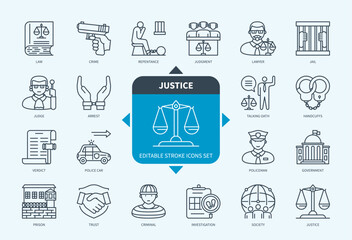 Editable line Justice outline icon set. Lawyer, Verdict, Arrest, Judge, Prison, Investigation, Handcuffs, Repentance. Editable stroke icons EPS