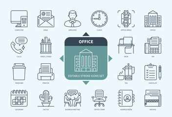 ditable line Office outline icon set. Computer, Desk, Office Space, Printer, Clock, Archive, Calls, Address Book. Editable stroke icons EPS