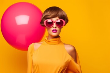 Playful Posing in Trendy Outfit, Girl in Pink, Outdoors with Beach Ball, Photorealistic Pastiche on Yellow Matte, Fashionable Costumes, Generative AI