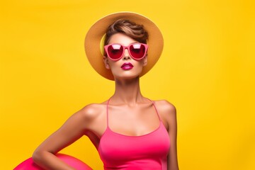Playful Posing in Trendy Outfit, Girl in Pink, Outdoors with Beach Ball, Photorealistic Pastiche on Yellow Matte, Fashionable Costumes, Generative AI