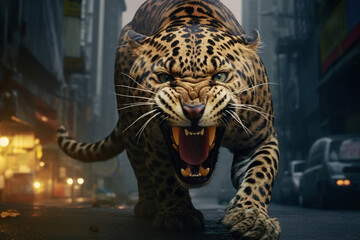 Front view of an angry aggressive snarling leopard on the street, close-up of a dangerous predator in the city
