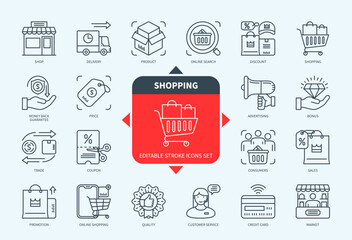 Editable line Shopping outline icon set. Marketing, Coupon, Delivery, Customer Service, Quality, Product, Discount, Sales. Editable stroke icons EPS