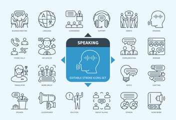 Editable line Speaking outline icon set. Business Meeting, Communication, Language, Speaker, Influencer, Opinion, Loudspeaker, Conference. Editable stroke icons EPS