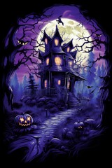 graphic t-shirt design style halloween haunted house. pumpkin heads. violet background.  - obrazy, fototapety, plakaty