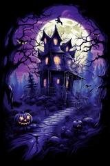 Fototapete Vollmond graphic t-shirt design style halloween haunted house. pumpkin heads. violet background
