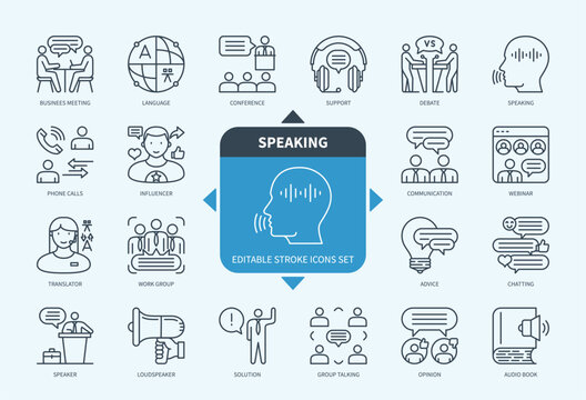 Editable line Speaking outline icon set. Business Meeting, Communication, Language, Speaker, Influencer, Opinion, Loudspeaker, Conference. Editable stroke icons EPS