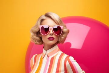 Playful Posing in Trendy Outfit, Girl in Pink, Outdoors with Beach Ball, Photorealistic Pastiche on Yellow Matte, Fashionable Costumes, Generative AI