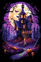 Fototapeten graphic t-shirt design style halloween haunted house. pumpkin heads. violet background.  © Denis