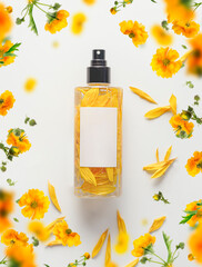 Natural fragrances bottle with yellow petals and frame of falling flowers, top view