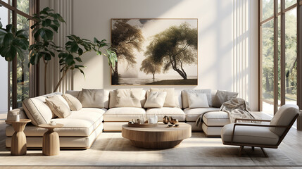 Stylish Living Room Interior with a Frame Poster Mockup, Modern Interior Design, 3D Render, 3D Illustration