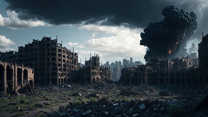 panomara picture of a city destroyed by war. Generative Ai.