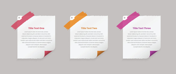 Sticky note styled infographic text presentation cards with page curl effect shape attached with tape